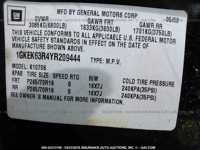 1GKEK63R4YR209444 - 2000 GMC DENALI BLACK photo 9