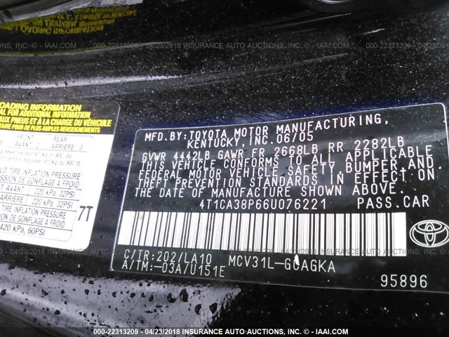 4T1CA38P66U076221 - 2006 TOYOTA CAMRY SOLARA SE/SLE BLACK photo 9