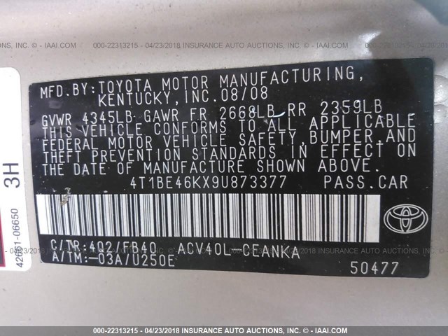 4T1BE46KX9U873377 - 2009 TOYOTA CAMRY SE/LE/XLE GOLD photo 9