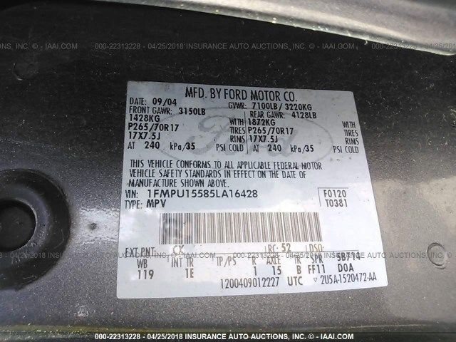 1FMPU15585LA16428 - 2005 FORD EXPEDITION XLT 灰色 照片 9