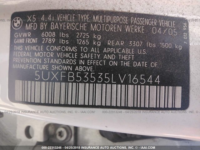 5UXFB53535LV16544 - 2005 BMW X5 4.4I WHITE photo 9