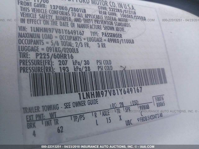 1LNHM97V81Y649167 - 2001 LINCOLN CONTINENTAL  Weiß Foto 9