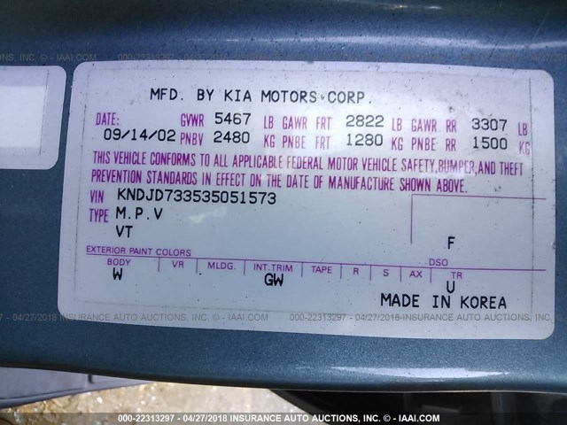 KNDJD733535051573 - 2003 KIA SORENTO EX/LX BLUE photo 9