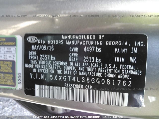 5XXGT4L38GG081762 - 2016 KIA OPTIMA LX ნაცრისფერი ფოტო 9