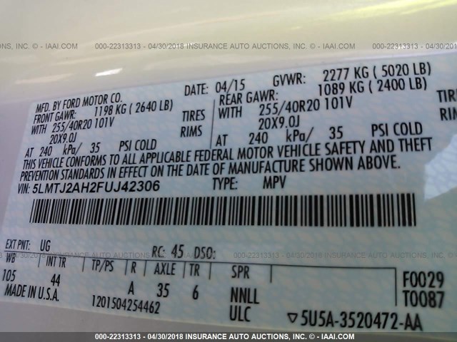 5LMTJ2AH2FUJ42306 - 2015 LINCOLN MKC 白色 照片 9