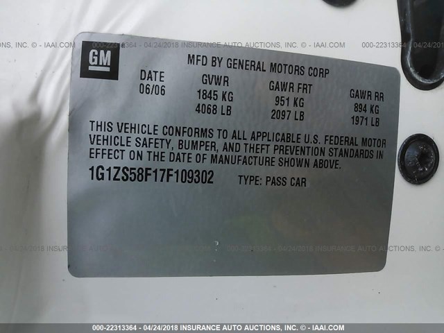 1G1ZS58F17F109302 - 2007 CHEVROLET MALIBU LS 白色 照片 9