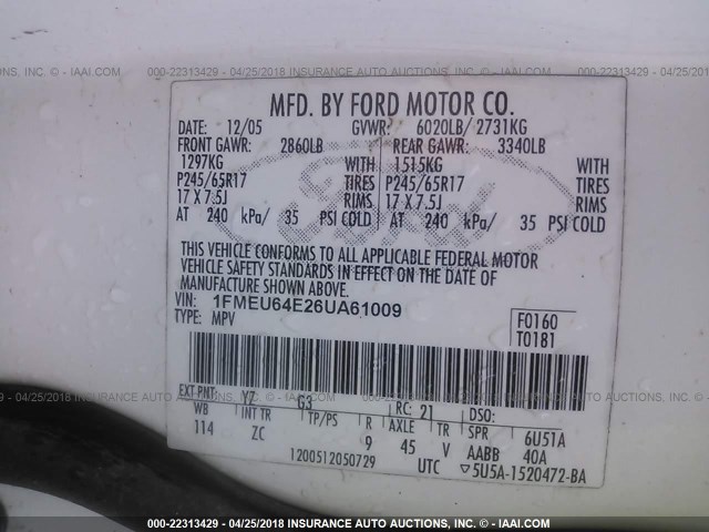 1FMEU64E26UA61009 - 2006 FORD EXPLORER EDDIE BAUER WHITE photo 9