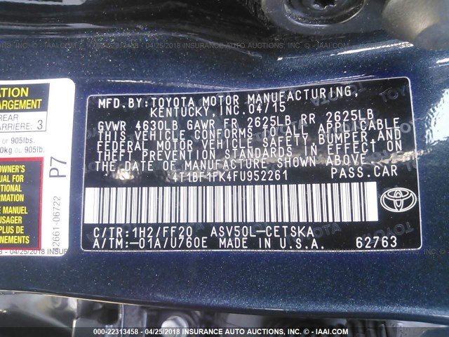 4T1BF1FK4FU952261 - 2015 TOYOTA CAMRY LE/XLE/SE/XSE მწვანე ფოტო 9