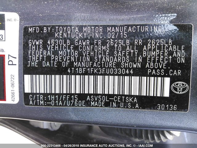 4T1BF1FK3FU033044 - 2015 TOYOTA CAMRY LE/XLE/SE/XSE Grau Foto 9