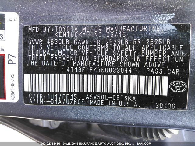 4T1BF1FK3FU033044 - 2015 TOYOTA CAMRY LE/XLE/SE/XSE GRAY photo 9