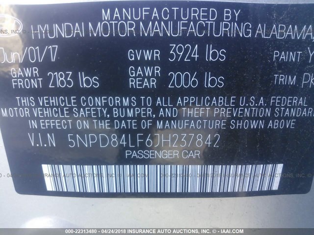 5NPD84LF6JH237842 - 2018 HYUNDAI ELANTRA SEL/VALUE/LIMITED SILVER photo 9