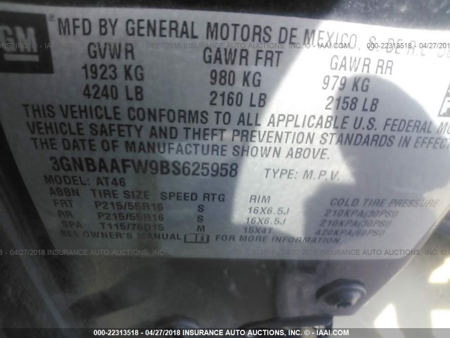 3GNBAAFW9BS625958 - 2011 CHEVROLET HHR LS BLACK photo 9