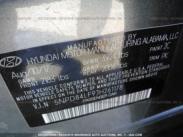 5NPD84LF9JH261178 - 2018 HYUNDAI ELANTRA SEL/VALUE/LIMITED GRAY photo 9