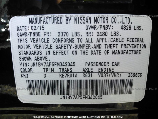 JN1BV7AP5FM342045 - 2015 INFINITI Q50 PREMIUM/SPORT Negro foto 9