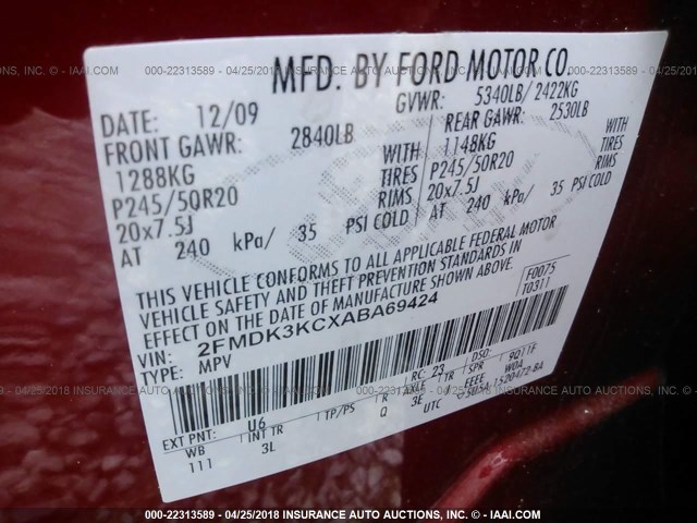 2FMDK3KCXABA69424 - 2010 FORD EDGE LIMITED RED photo 9