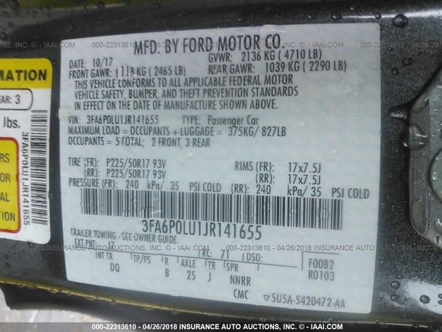 3FA6P0LU1JR141655 - 2018 FORD FUSION SE HYBRID GRAY photo 9