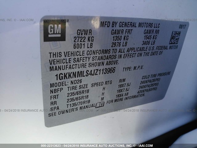 1GKKNMLS4JZ113966 - 2018 GMC ACADIA SLT-1 WHITE photo 9