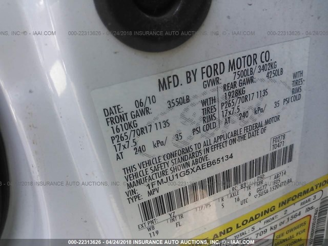 1FMJU1G5XAEB65134 - 2010 FORD EXPEDITION XLT 白色 照片 9