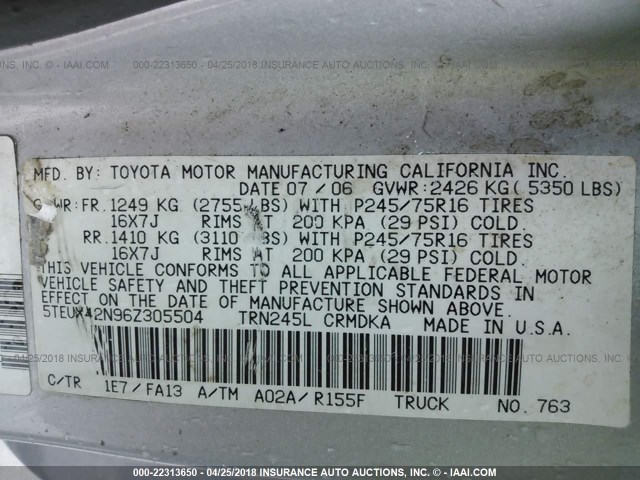 5TEUX42N96Z305504 - 2006 TOYOTA TACOMA ACCESS CAB Silber Foto 9