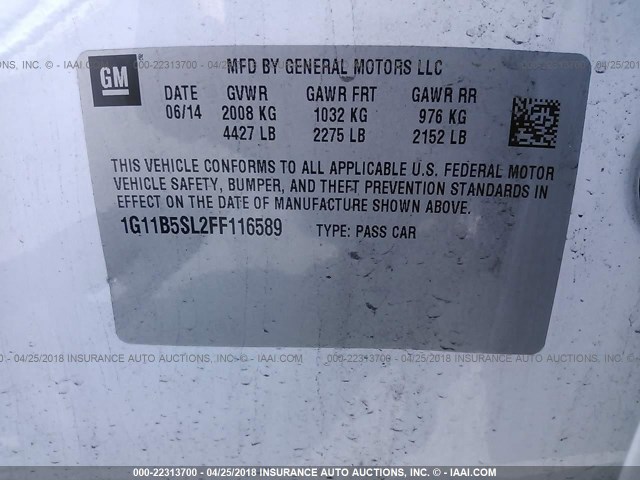 1G11B5SL2FF116589 - 2015 CHEVROLET MALIBU LS WHITE photo 9