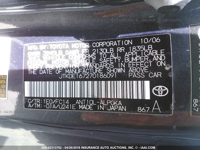 JTKDE167270186091 - 2007 TOYOTA SCION TC ნაცრისფერი ფოტო 9