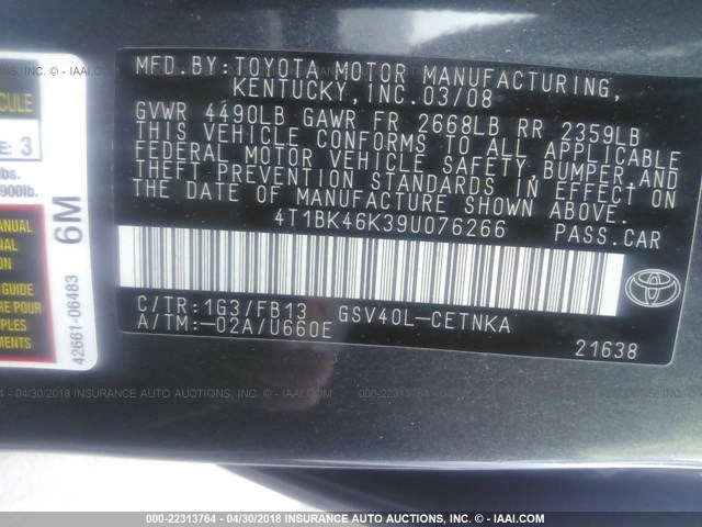 4T1BK46K39U076266 - 2009 TOYOTA CAMRY SE/LE/XLE GRAY photo 9