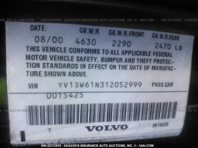 YV1SW61N312052999 - 2001 VOLVO V70 Noir photo 9