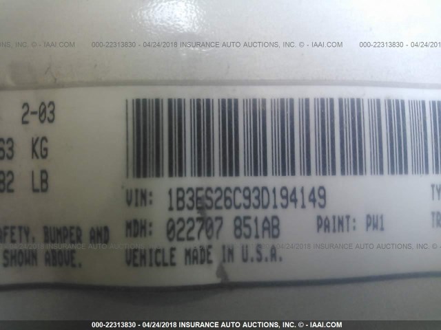 1B3ES26C93D194149 - 2003 DODGE NEON SE WHITE photo 9