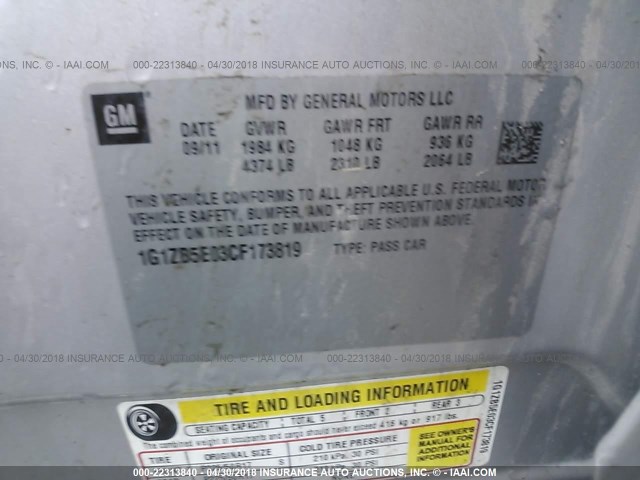 1G1ZB5E03CF173819 - 2012 CHEVROLET MALIBU LS SILVER photo 9