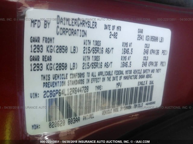 2C8GP64L12R644728 - 2002 CHRYSLER TOWN & COUNTRY LIMITED RED photo 9