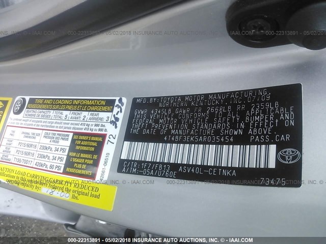 4T4BF3EK5AR035454 - 2010 TOYOTA CAMRY SE/LE/XLE SILVER photo 9