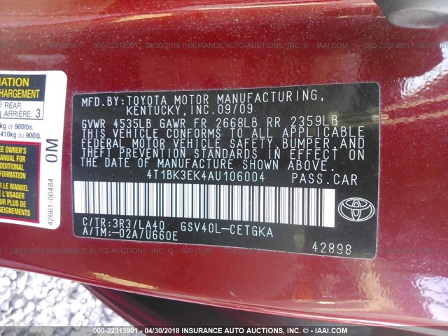4T1BK3EK4AU106004 - 2010 TOYOTA CAMRY SE/LE/XLE BURGUNDY photo 9