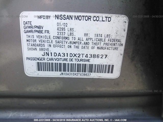 JN1DA31DX2T438627 - 2002 NISSAN MAXIMA GLE/GXE/SE GRAY photo 9