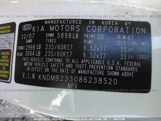 KNDMB233086238520 - 2008 KIA SEDONA EX/LX WHITE photo 9