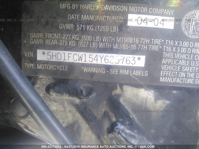 5HD1FCW154Y623763 - 2004 HARLEY-DAVIDSON FLHTCUI Ақ фото 10