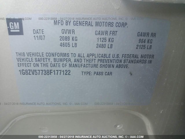 1G8ZV57738F177122 - 2008 SATURN AURA XR TAN photo 9