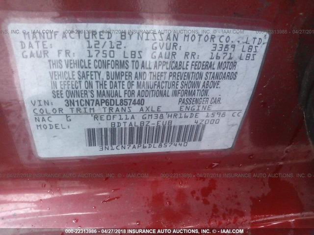 3N1CN7AP6DL857440 - 2013 NISSAN VERSA S/S PLUS/SV/SL RED photo 9