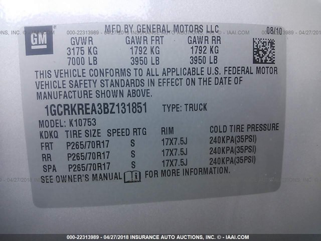 1GCRKREA3BZ131851 - 2011 CHEVROLET SILVERADO K1500 LS SILVER photo 9