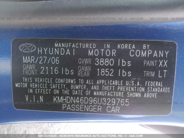 KMHDN46D96U329765 - 2006 HYUNDAI ELANTRA GLS/GT/LIMITED BLUE photo 9