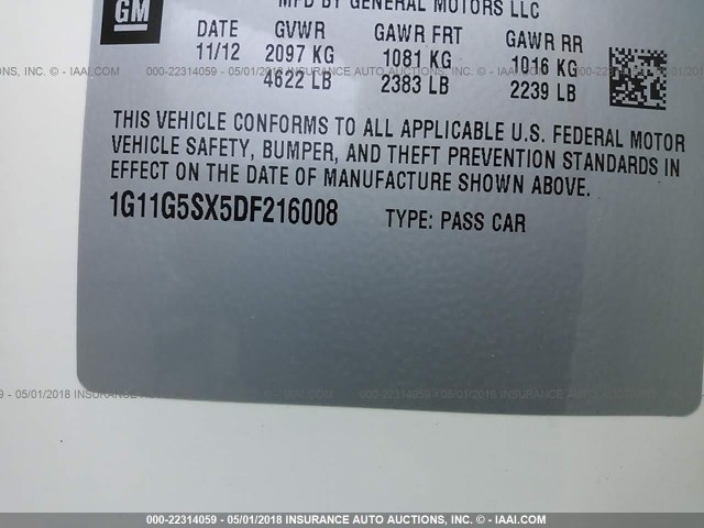 1G11G5SX5DF216008 - 2013 CHEVROLET MALIBU 3LT თეთრი ფოტო 9