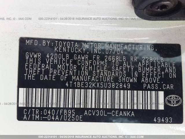 4T1BE32KX5U382849 - 2005 TOYOTA CAMRY LE/XLE/SE 白色 照片 9