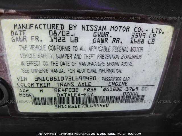 3N1CB51D73L699420 - 2003 NISSAN SENTRA XE/GXE MAROON photo 9