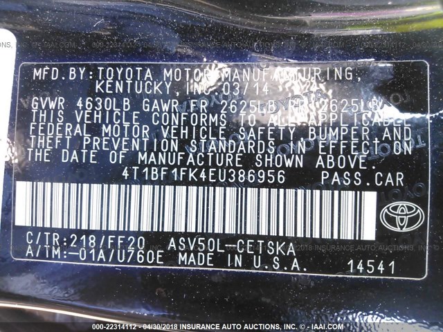 4T1BF1FK4EU386956 - 2014 TOYOTA CAMRY L/SE/LE/XLE Qara foto 9