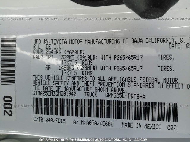 3TMAZ5CN3GM001942 - 2016 TOYOTA TACOMA DBL CAB/SR5/TRD SPORT/OR WHITE photo 9