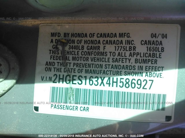 2HGES163X4H586927 - 2004 HONDA CIVIC DX VP SILVER photo 9