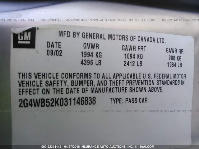 2G4WB52K031146838 - 2003 BUICK REGAL LS 银色 照片 9