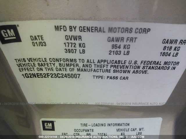 1G2NE52F23C245007 - 2003 PONTIAC GRAND AM SE TAN photo 9