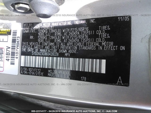 5TDZA23C86S428328 - 2006 TOYOTA SIENNA CE/LE SILVER photo 9