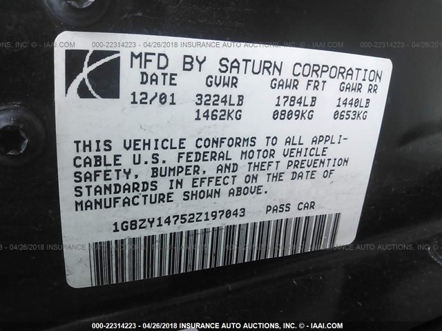 1G8ZY14752Z197043 - 2002 SATURN SC2 MAROON photo 9