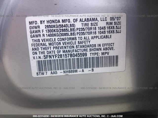 5FNYF28157B045599 - 2007 HONDA PILOT LX SILVER photo 9